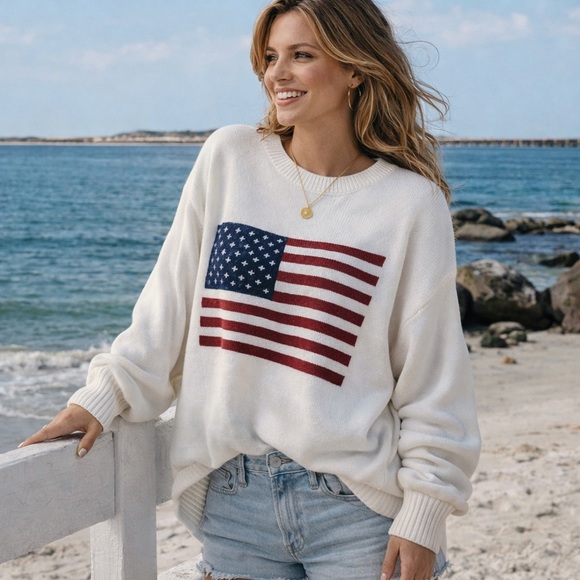 usa flag american 4th of july oversized knit sweater navy blue - Picture 4 of 4